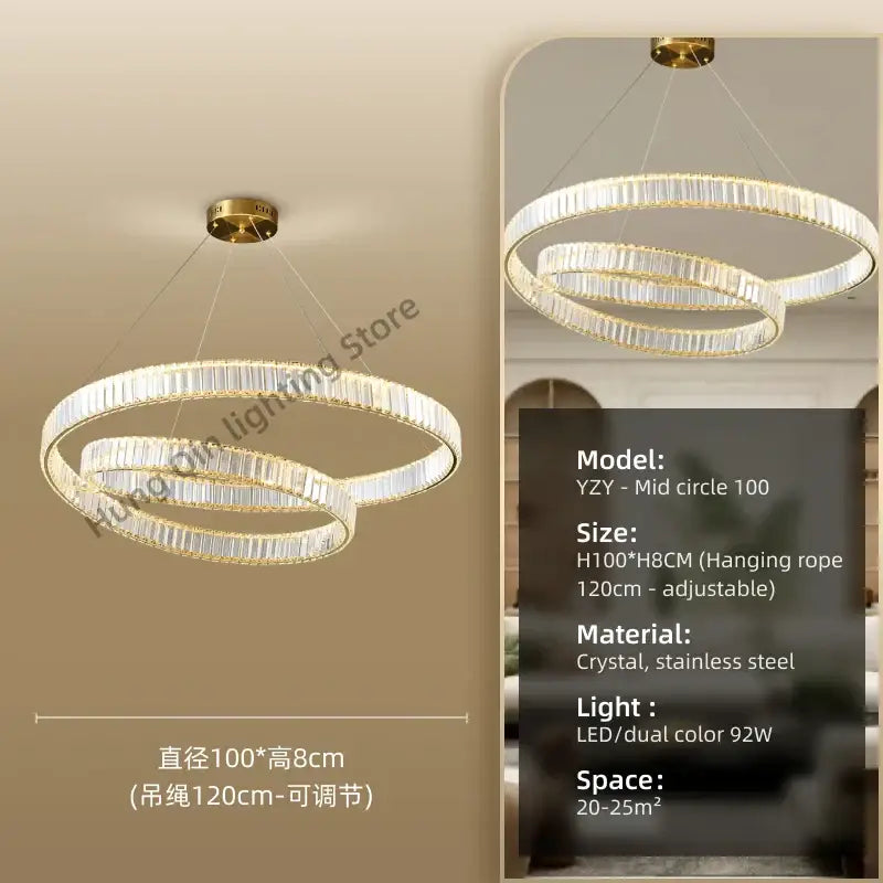 Modern gold ring crystal led pendant light with double-ring stainless steel frame and crystal accents for living room decorbites crystal led chandelier