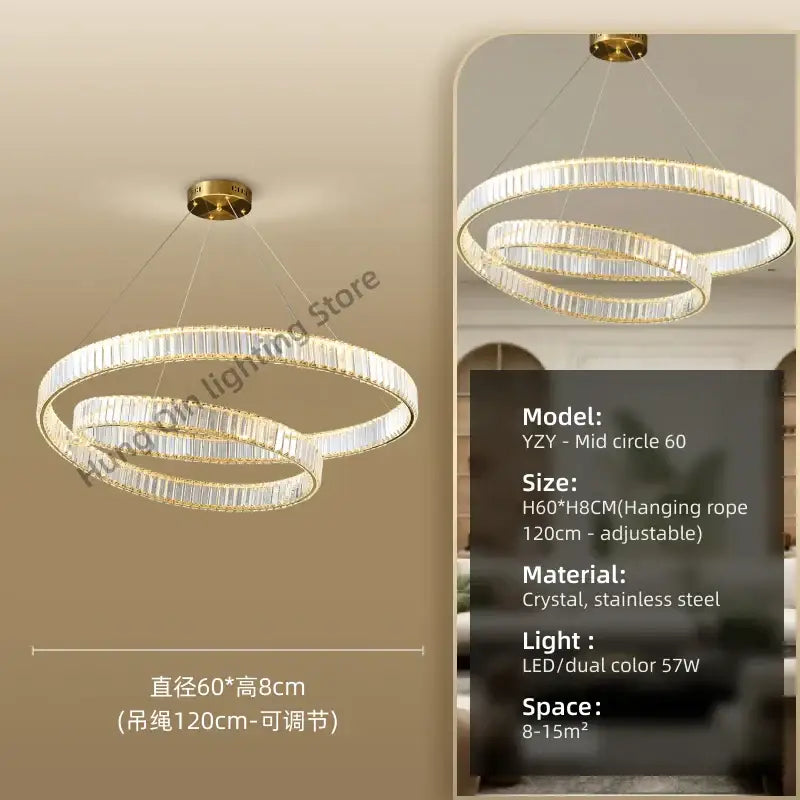 Modern gold ring crystal led pendant light with double-ring stainless steel design and sleek gold ceiling mount