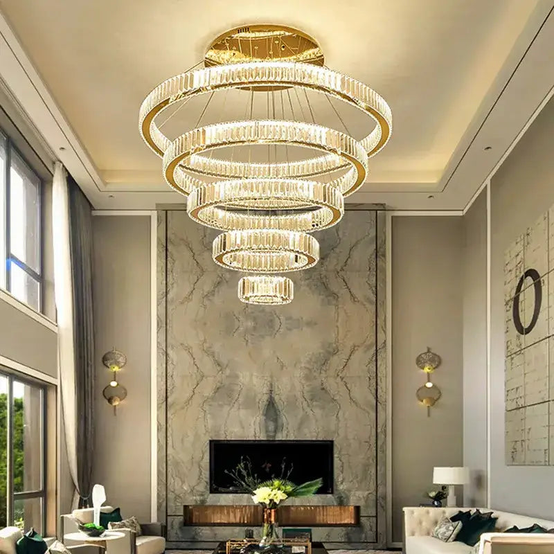 Modern gold ring decorbites crystal led chandelier with concentric rings and crystal accents for living room light