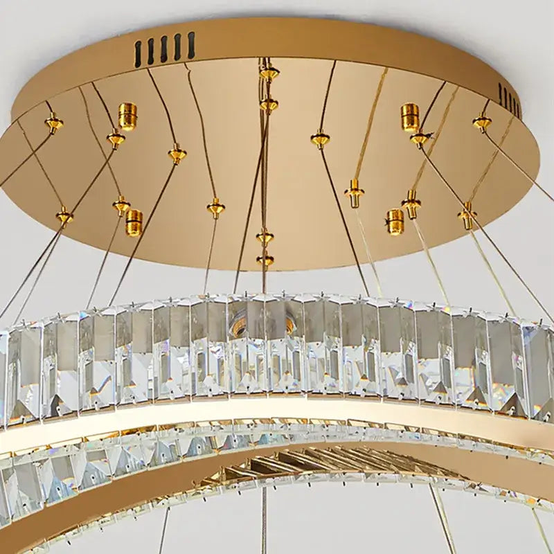 Modern gold ring decorbites crystal led chandelier with two tiers of faceted crystal rods for living room lighting