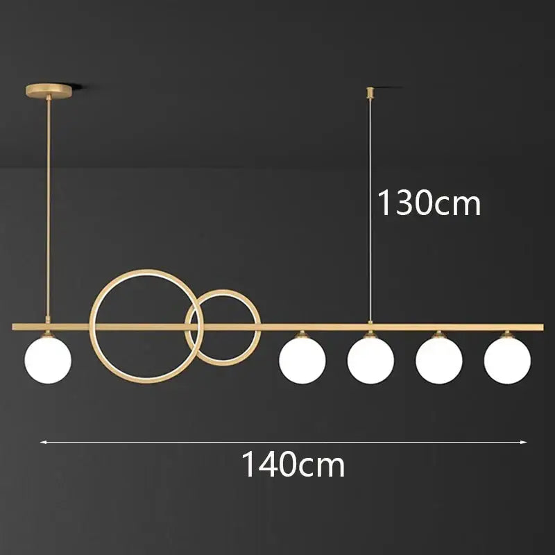 Modern gold-toned pendant light with intersecting circular rings and five white glass bulbs decorbites elegant chandelier dining