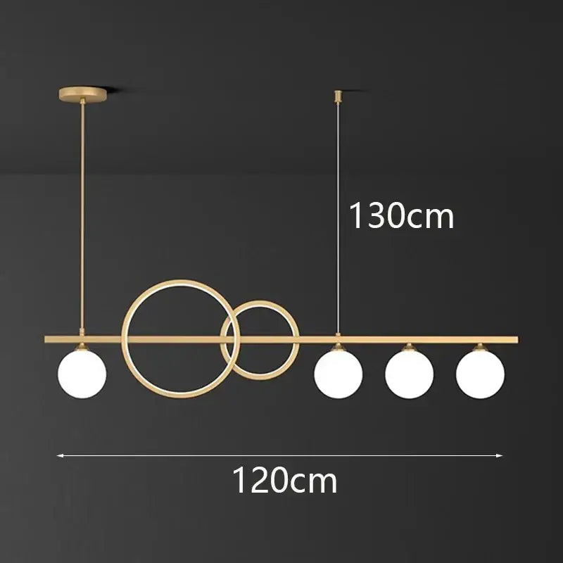 Modern gold-toned pendant light with overlapping circular rings and white glass bulbs for elegant chandelier dining decorbites