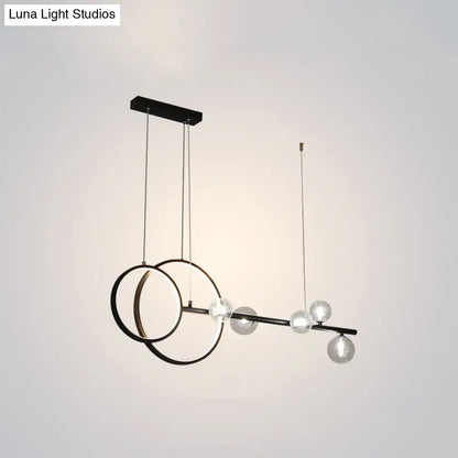 DecorBites™ modern black metal ring led pendant with intersecting circular rings and clear glass bulbs for dining room