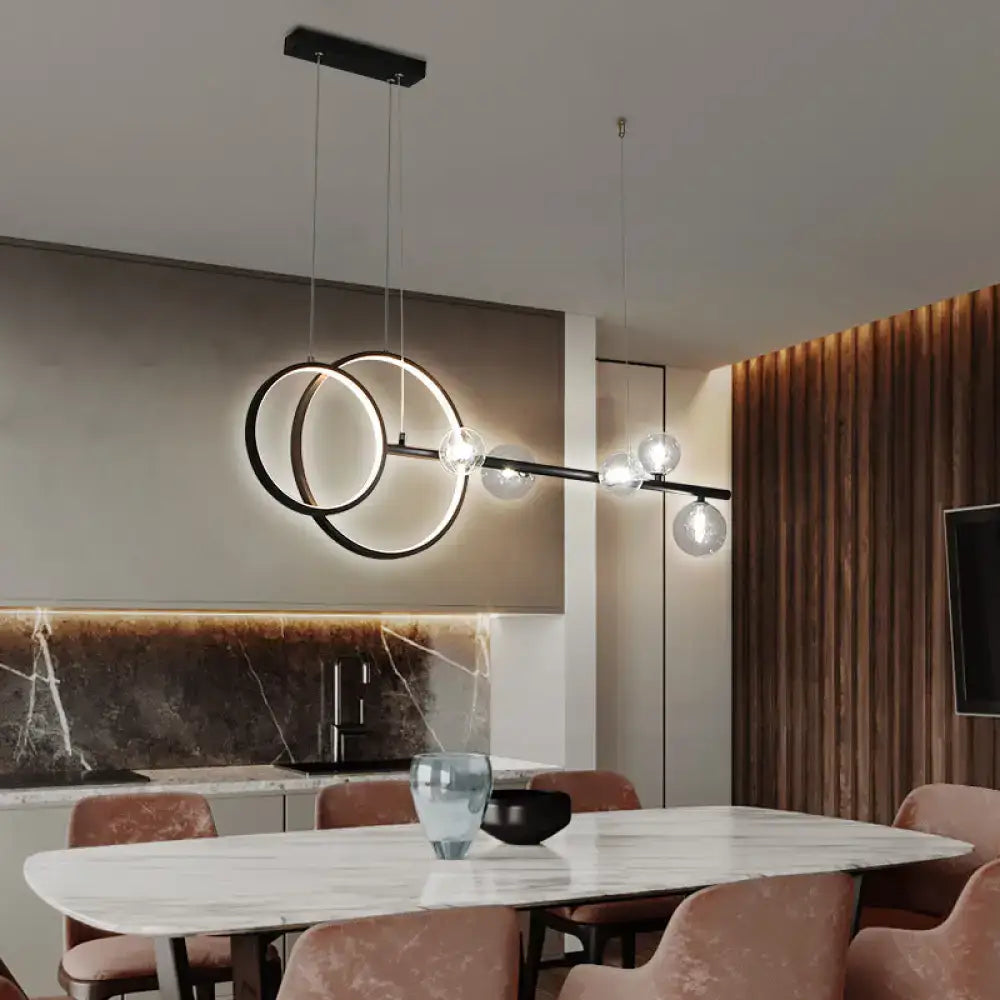 Modern black and white metal ring led pendant light with glass globe bulbs for dining room hanging island light