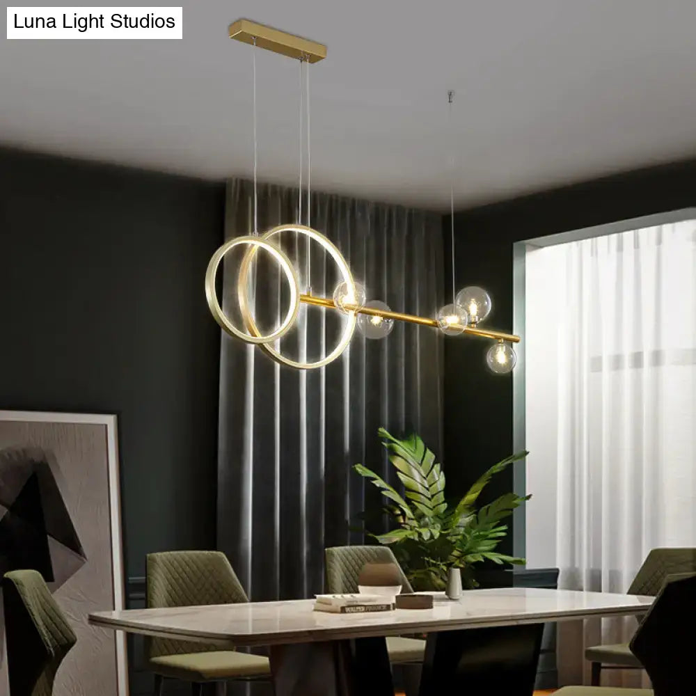 Decorbites™ contemporary gold-toned metal ring led pendant light with clear glass globes for dining room or hanging island light
