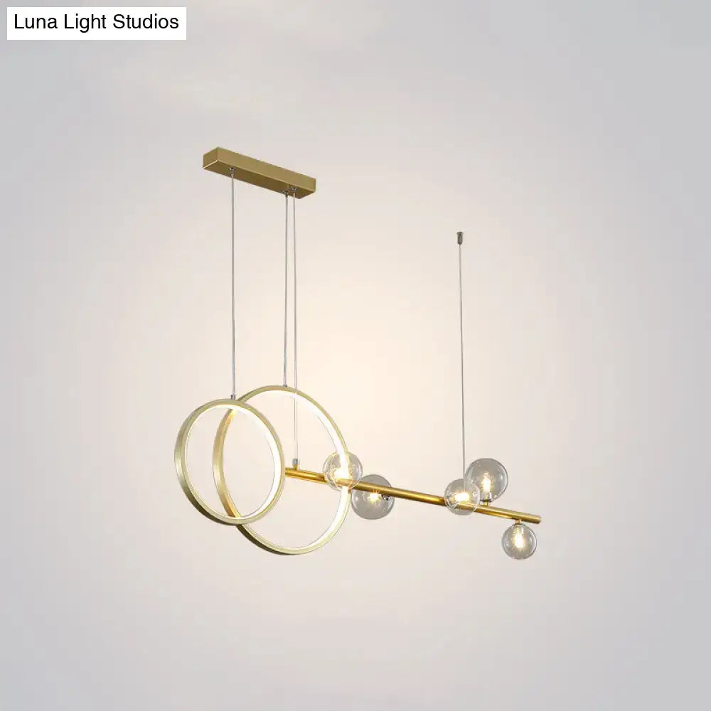 Decorbites™ contemporary gold-toned ring led pendant light with intersecting rings and glass globes for dining room