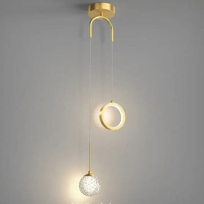 Modern gold ring led pendant light with sleek curved ceiling mount and faceted crystal globe for living room decorbites gold ring