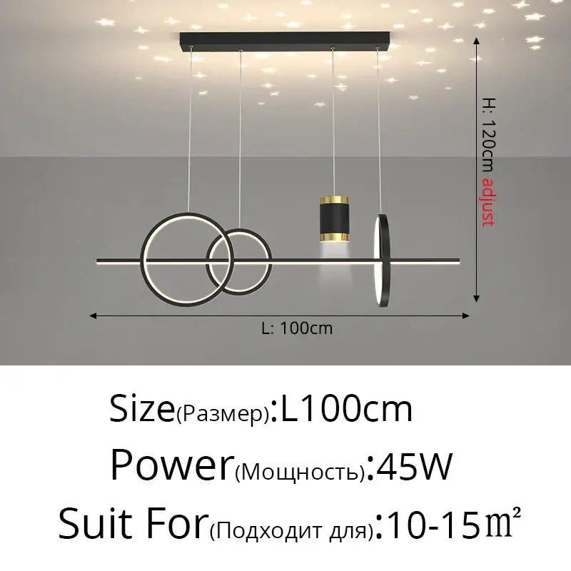 Modern gold ring pendant light featuring black nordic style geometric circular rings and a central cylindrical element