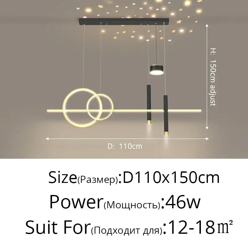 Modern gold ring pendant light with black nordic style featuring LED circular rings, cylindrical rods, and star-shaped lights