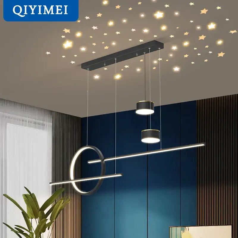 Modern black nordic pendant lights with minimalist geometric design and warm LED starry ceiling effect for dining room decor