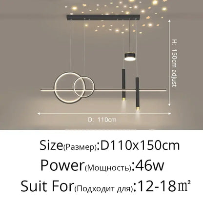 Modern black and white geometric pendant light with circular rings and rods featuring adjustable height for dining room decorbites black nordic style