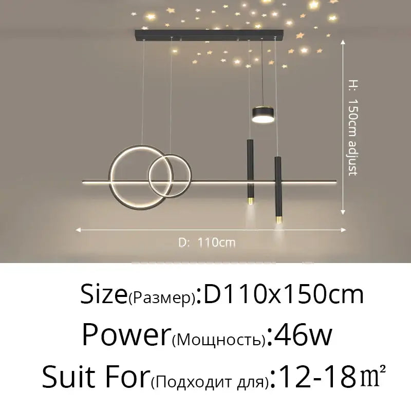 Modern black and white geometric pendant light with circular rings and rods featuring adjustable height for dining room decorbites black nordic style