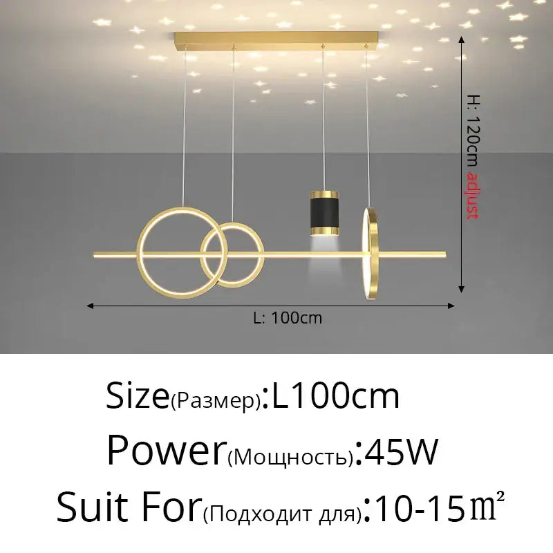 Modern gold ring pendant light with geometric intersecting rings and central cylinder ideal for dining room decorbites black nordic style