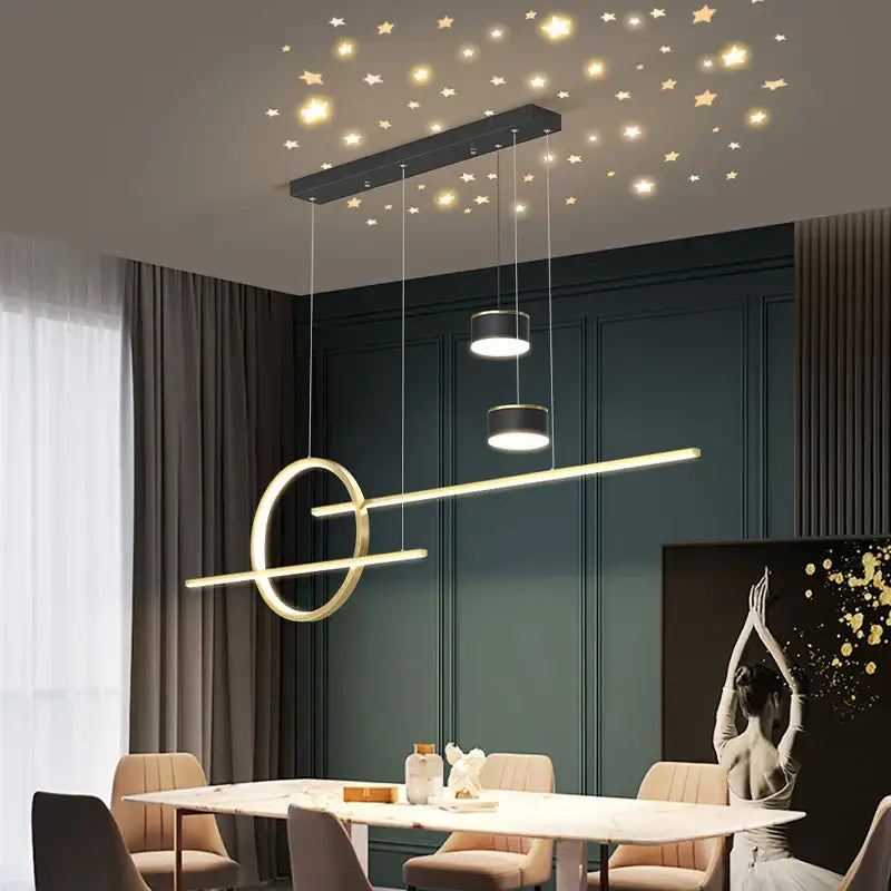 Modern gold ring pendant light with geometric intersecting elements suspended from black nordic style mount for dining room decorbites pendant lights