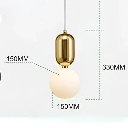 Modern gold ring pendant light with a gold-toned cylindrical top and frosted glass spherical bulb for living room decor