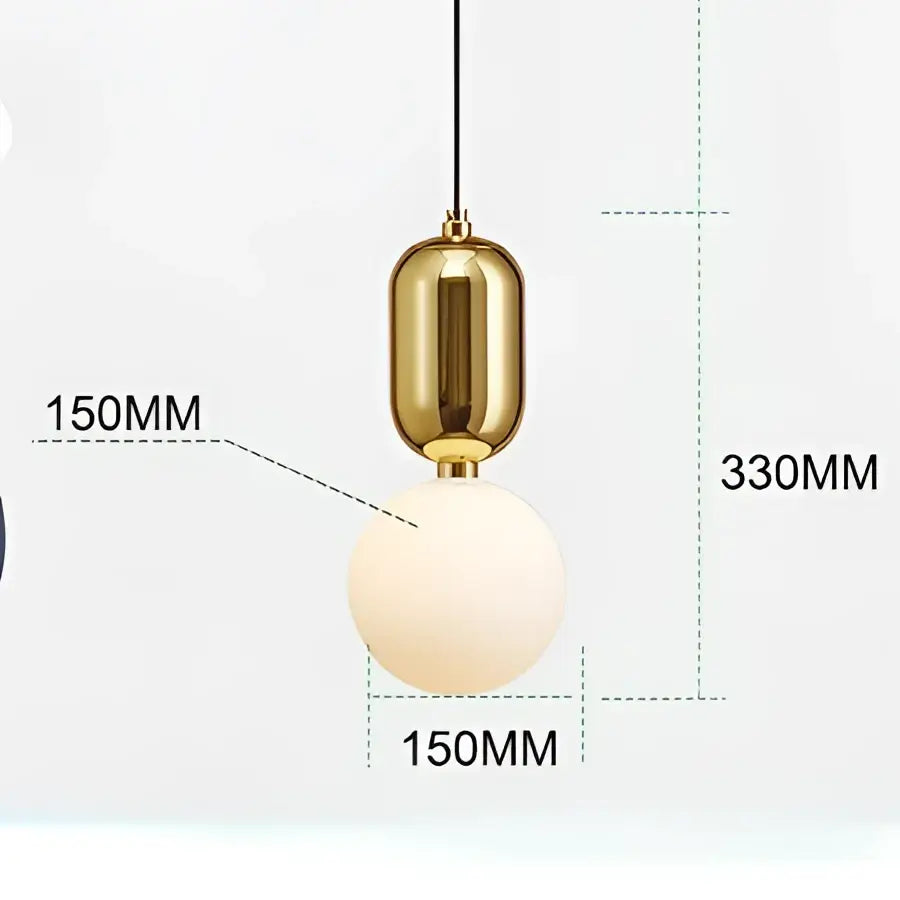 Modern gold ring pendant light with a gold-toned cylindrical top and frosted glass spherical bulb for living room decor