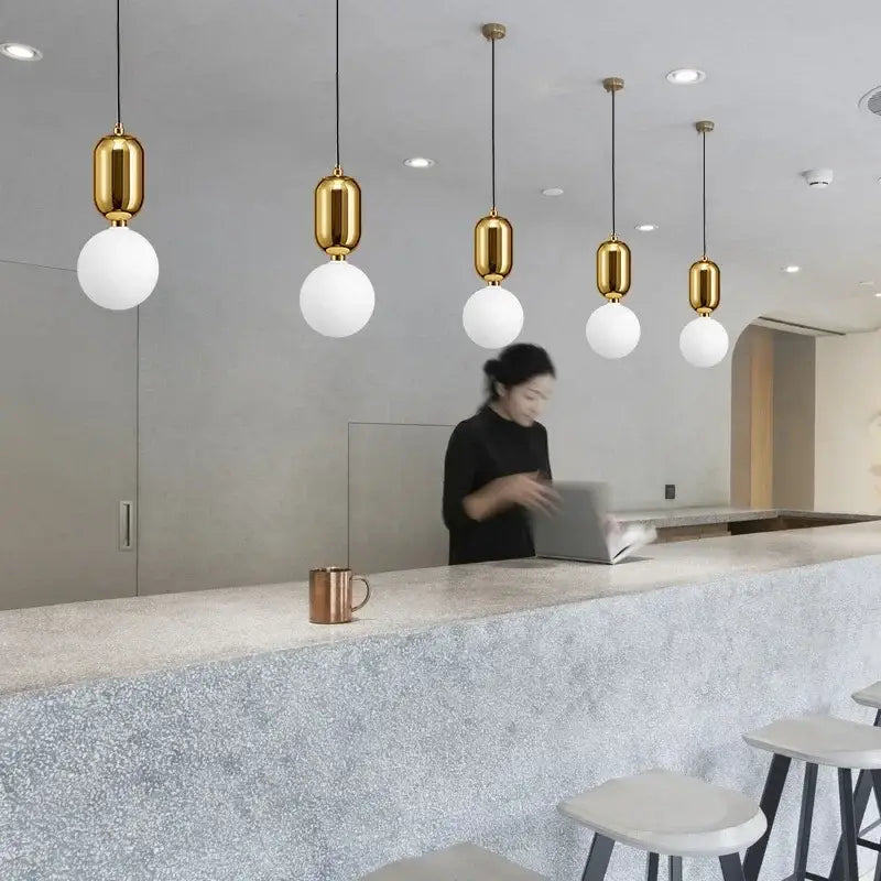 Modern gold ring pendant light with frosted glass features gold-finished pendant lights with white spherical shades for living room decorbites gold ring light fixture