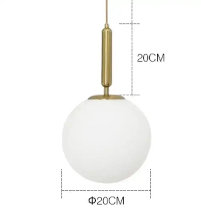 Modern gold ring pendant light with frosted glass featuring a 20cm white spherical pendant light and polished brass stem