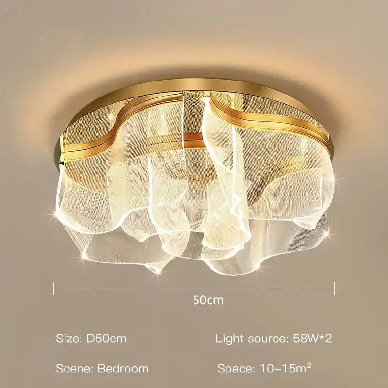 Modern gold ripple led ceiling chandelier with flowing translucent mesh fabric and circular frame for luxury dining room