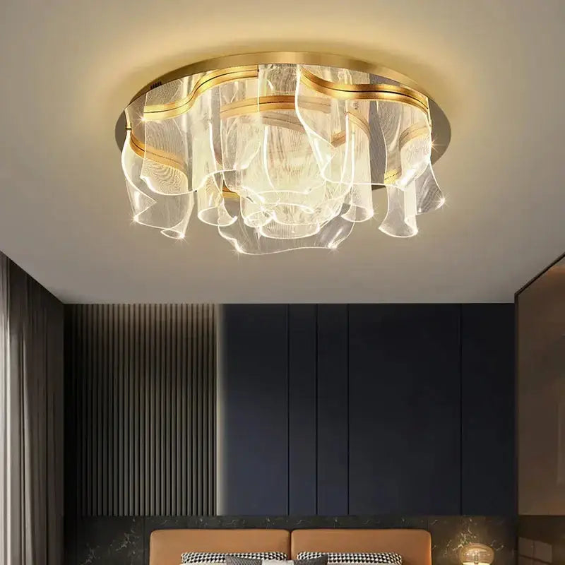 Modern gold ripple led ceiling chandelier with translucent glass shades and warm illumination for luxury dining room ceiling lights