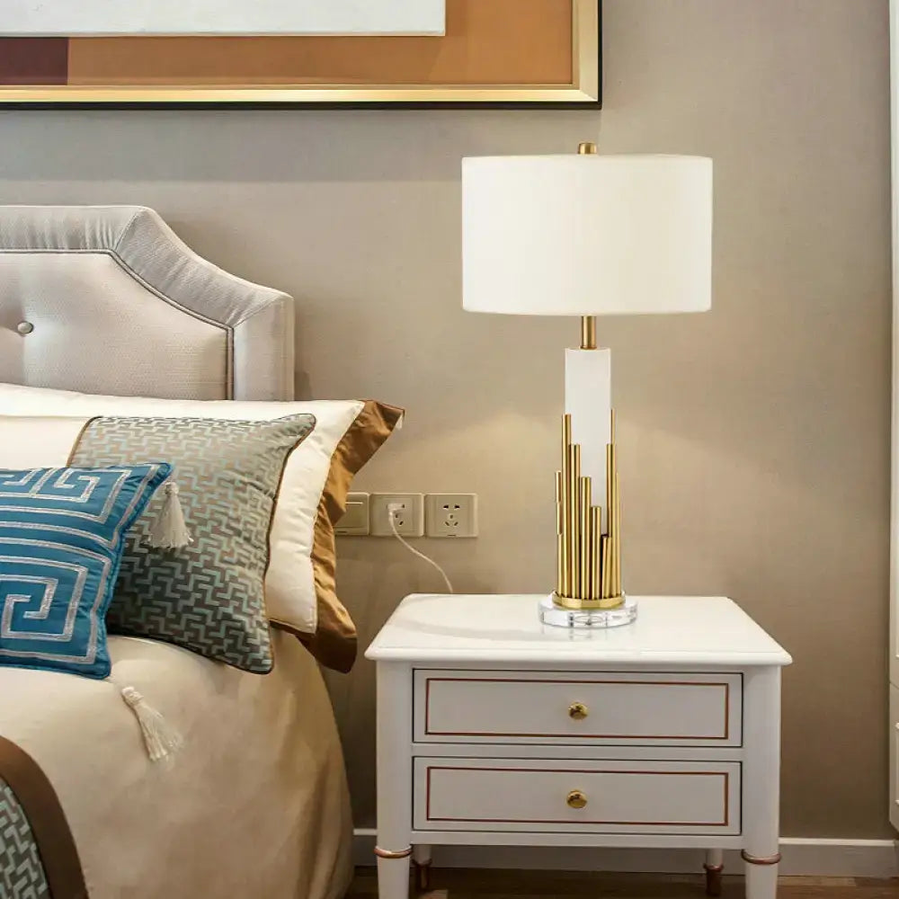 Gold-toned decorbites simple style table lamp with white fabric drum shade and vertical rods on glass pedestal for living room e26 e27 floor lamp