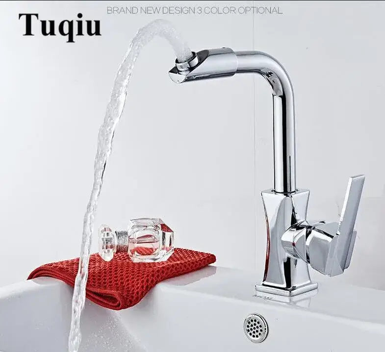 Chrome-finished tuqiu brass basin faucet with arched spout in modern gold and rose gold decorbites brass basin design