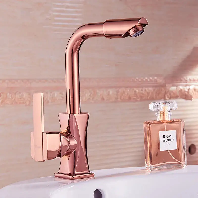Rose gold finish modern brass basin faucet with single handle and curved spout for decorbites brass basin use