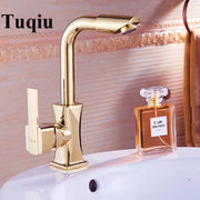 Modern gold brass basin faucet with sleek curved spout and rectangular base for bathroom decorbites brass basin faucet