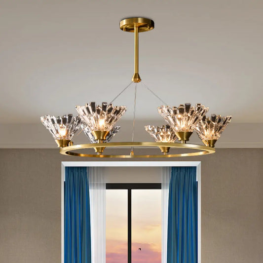 Lámpara de araña colgante moderna dorada redondeada con facetas de cristal - Lámpara de comedor suspendida (6 cabezales)