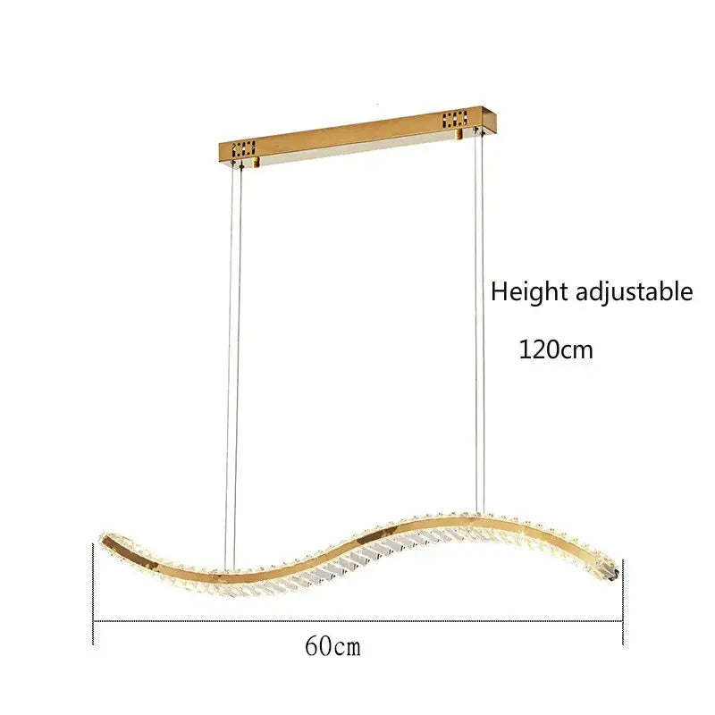 Modern gold s-shaped decorbites crystal led pendant features a curved gold-toned design with crystal accents for dining rooms