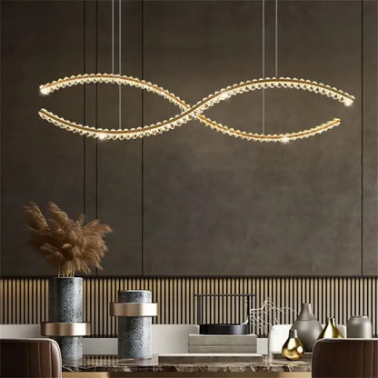 Modern gold s-shaped decorbites crystal led pendant light with infinity design and embedded crystal accents for dining room