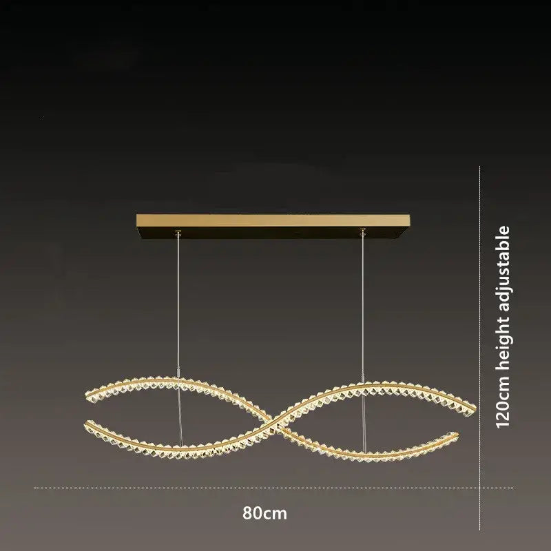 Modern gold s-shaped decorbites crystal led pendant dining room light with gold-toned double-loop design and clear crystals