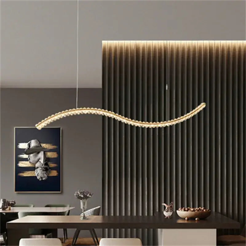 Modern gold s-shaped decorbites crystal led pendant light with sleek curved design for dining room lighting