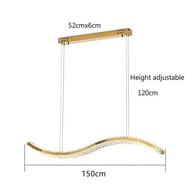 Modern gold s-shaped decorbites crystal led pendant light with embedded crystal accents and adjustable height for dining room