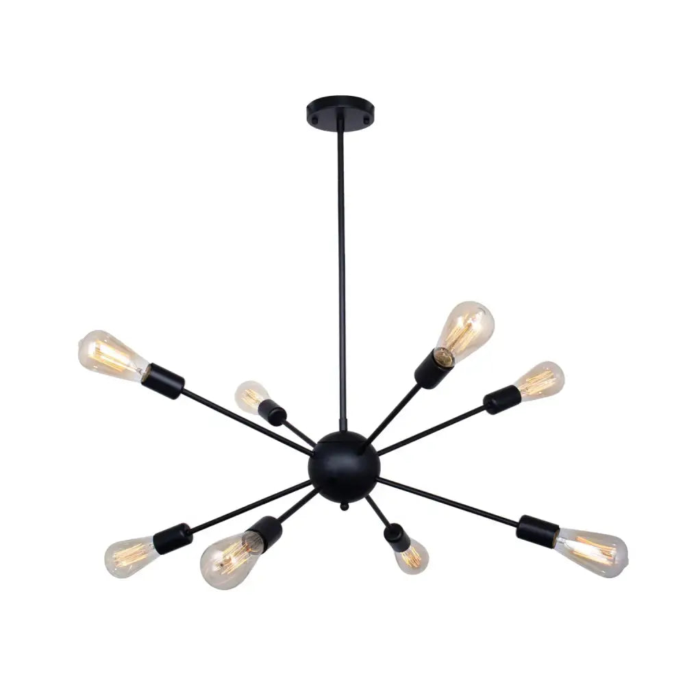 Black metal pendant light with eight exposed filament bulbs in a radial starburst design for modern decorbites gold satellite decor