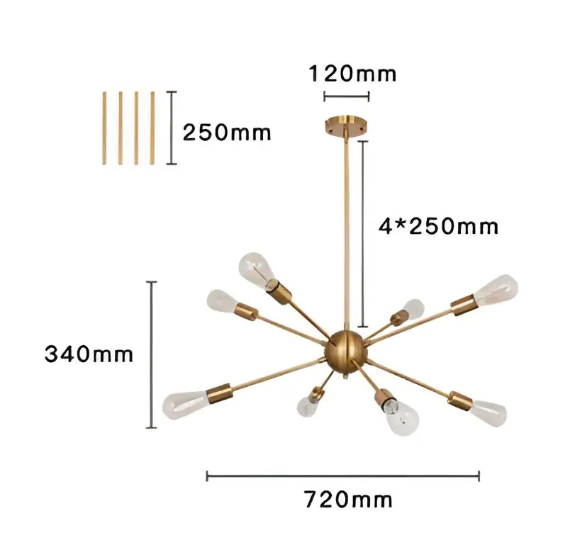 Modern gold satellite pendant light featuring a gold-toned brass chandelier with four arms and clear glass bulbs