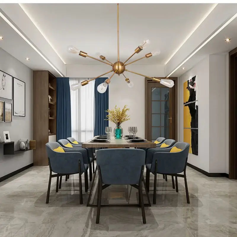 Modern gold satellite pendant light featuring a brass-toned starburst chandelier with exposed bulbs for living room decorbites gold satellite pendant
