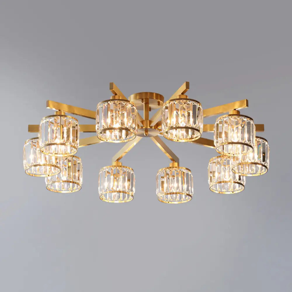 DecorBites™ DecorBites™ Modern Gold Semi Flush Mount Ceiling Light with Metallic Radial Design and Crystal Cylinder Shade