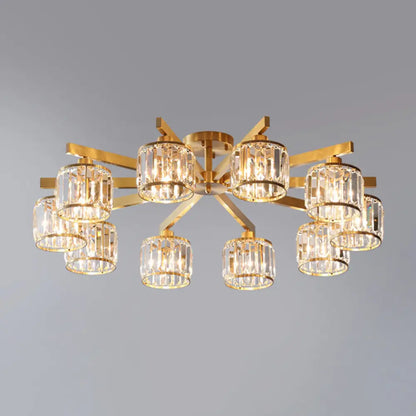 DecorBites™ DecorBites™ Modern Gold Semi Flush Mount Ceiling Light with Metallic Radial Design and Crystal Cylinder Shade