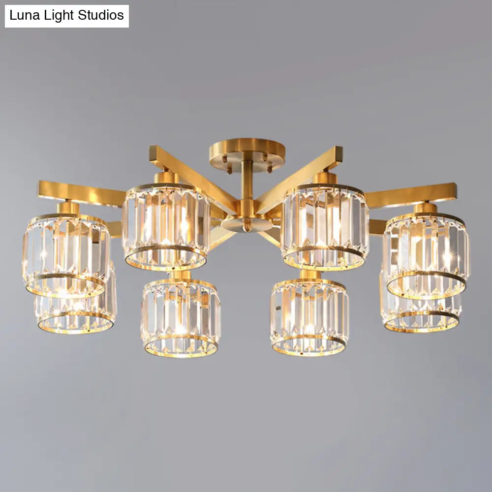 DecorBites™ DecorBites™ Modern Gold Semi Flush Mount Ceiling Light with Metallic Radial Design and Crystal Cylinder Shade