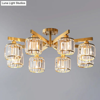 DecorBites™ DecorBites™ Modern Gold Semi Flush Mount Ceiling Light with Metallic Radial Design and Crystal Cylinder Shade