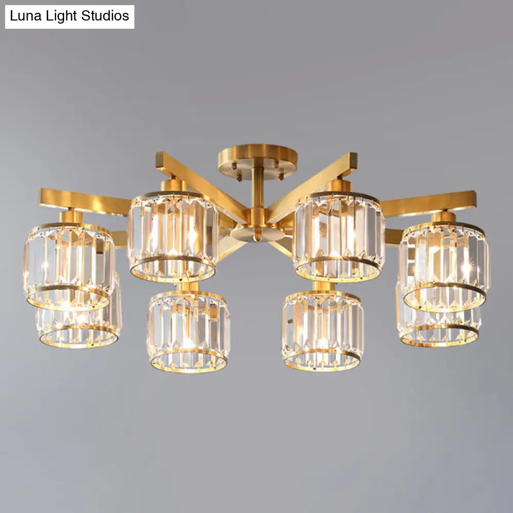 DecorBites™ DecorBites™ Modern Gold Semi Flush Mount Ceiling Light with Metallic Radial Design and Crystal Cylinder Shade