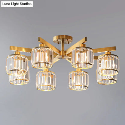 DecorBites™ DecorBites™ Modern Gold Semi Flush Mount Ceiling Light with Metallic Radial Design and Crystal Cylinder Shade