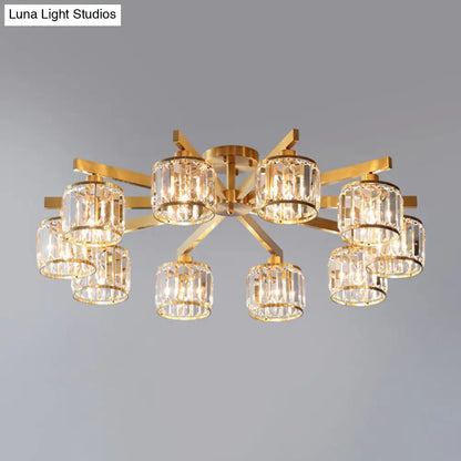 DecorBites™ DecorBites™ Modern Gold Semi Flush Mount Ceiling Light with Metallic Radial Design and Crystal Cylinder Shade