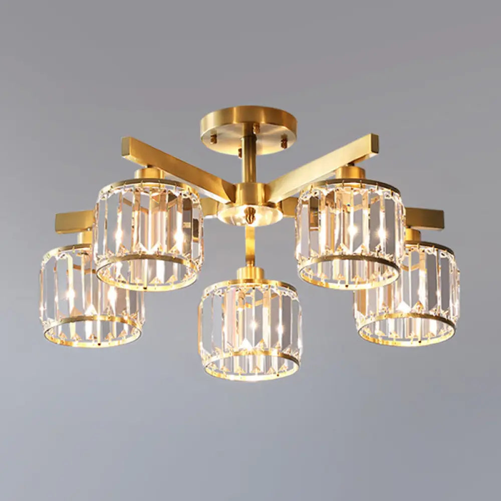 DecorBites™ DecorBites™ Modern Gold Semi Flush Mount Ceiling Light with Metallic Radial Design and Crystal Cylinder Shade