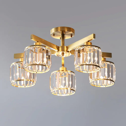 DecorBites™ DecorBites™ Modern Gold Semi Flush Mount Ceiling Light with Metallic Radial Design and Crystal Cylinder Shade