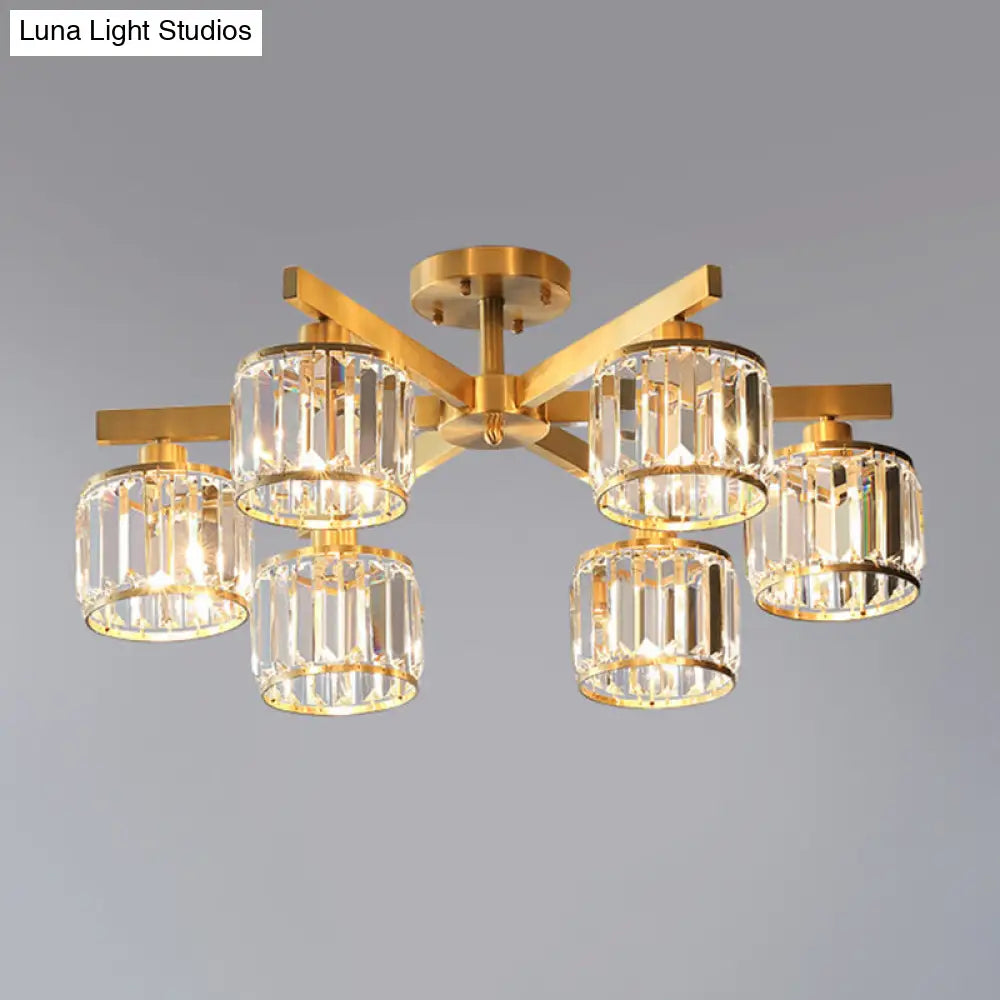 DecorBites™ DecorBites™ Modern Gold Semi Flush Mount Ceiling Light with Metallic Radial Design and Crystal Cylinder Shade