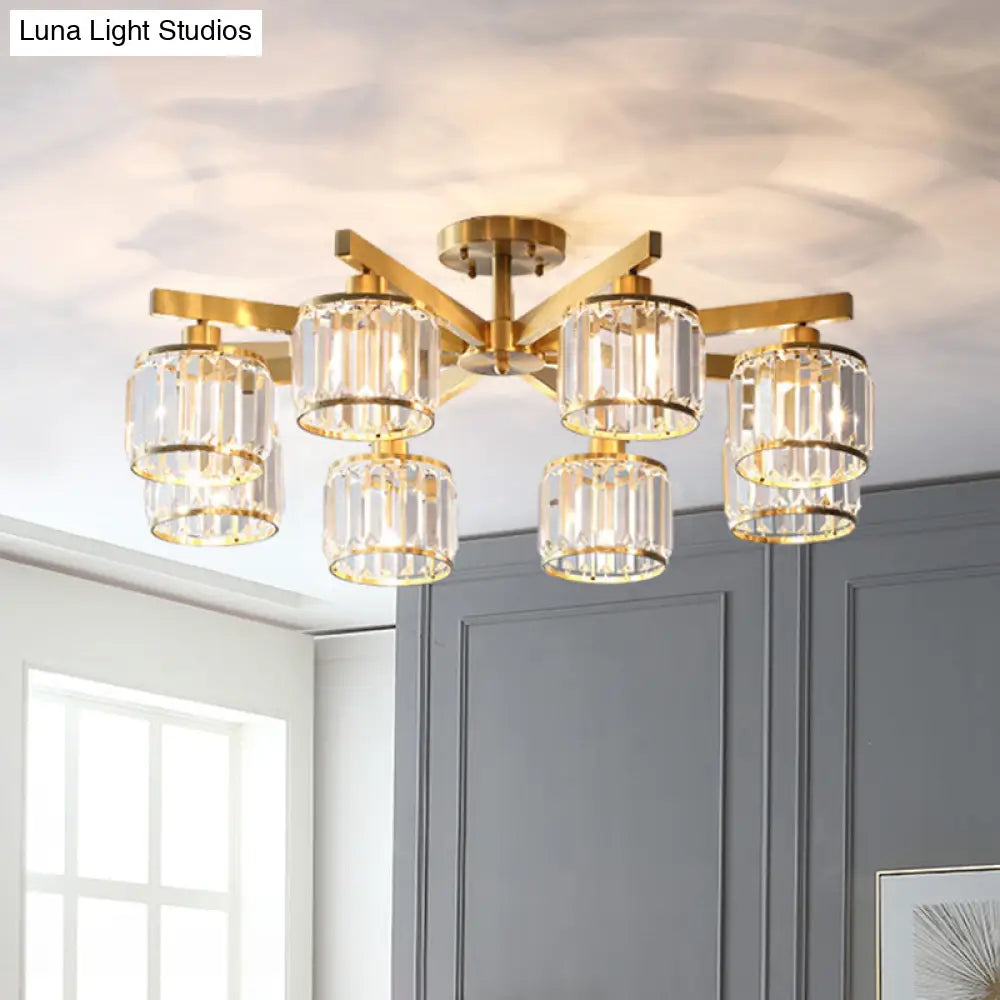 DecorBites™ DecorBites™ Modern Gold Semi Flush Mount Ceiling Light with Metallic Radial Design and Crystal Cylinder Shade