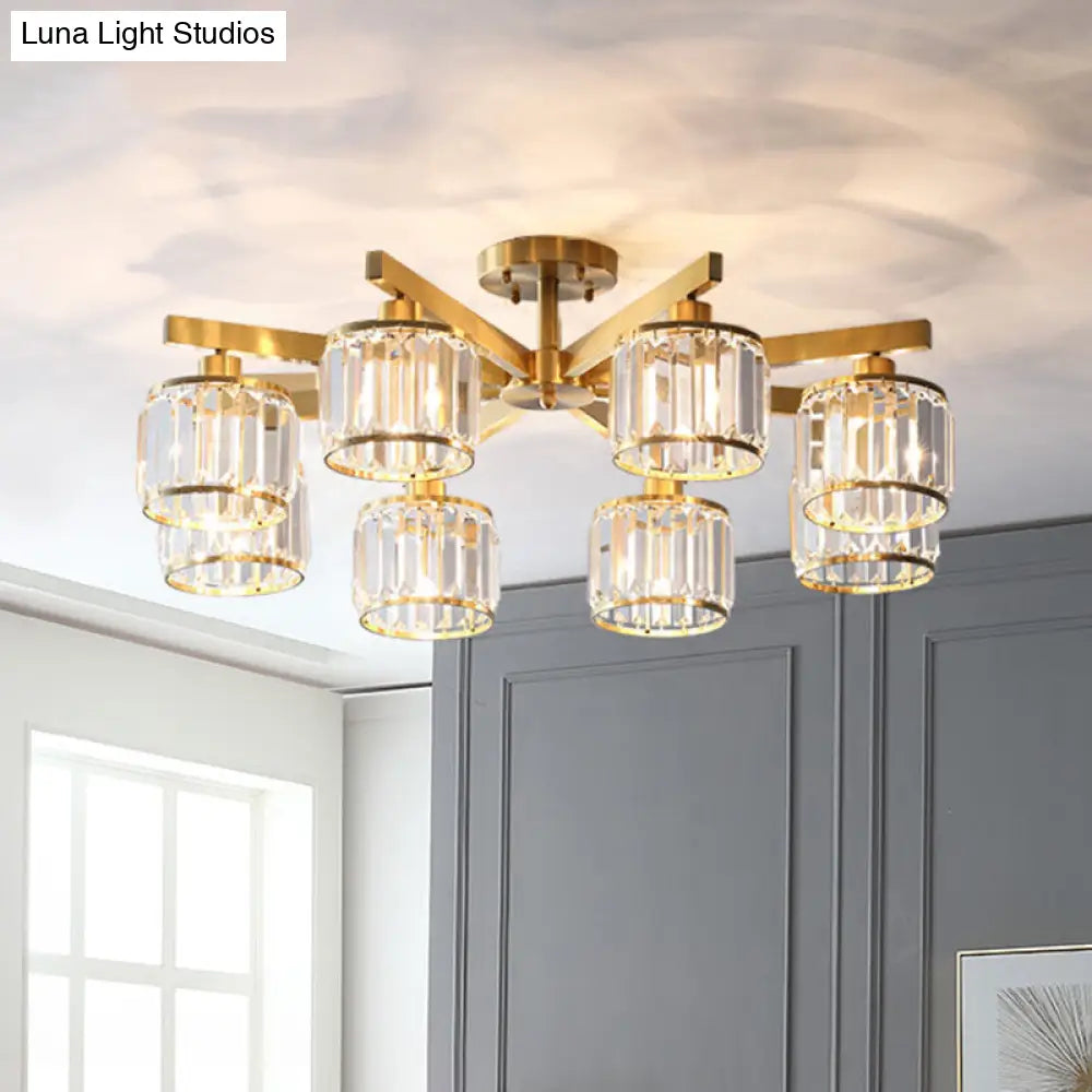 DecorBites™ DecorBites™ Modern Gold Semi Flush Mount Ceiling Light with Metallic Radial Design and Crystal Cylinder Shade