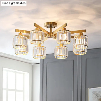 DecorBites™ DecorBites™ Modern Gold Semi Flush Mount Ceiling Light with Metallic Radial Design and Crystal Cylinder Shade